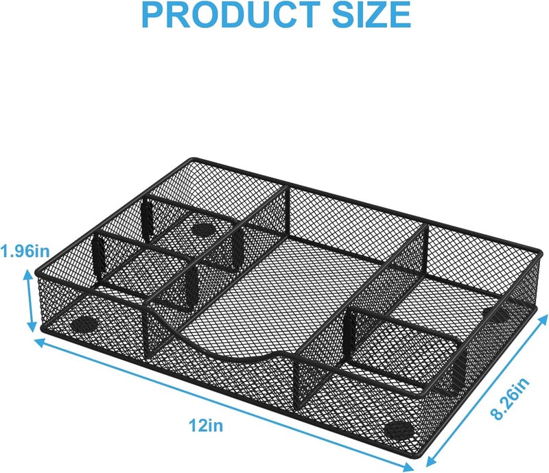 VyGrow Desk Drawer Organizer Tray, Metal Mesh Drawer Organizers Office, 6 Adjustable Compartment, Desk Organizer Tray for Home Office 12 x 8.26 x 1.96 inch, Black, 1 Pack - Image 2